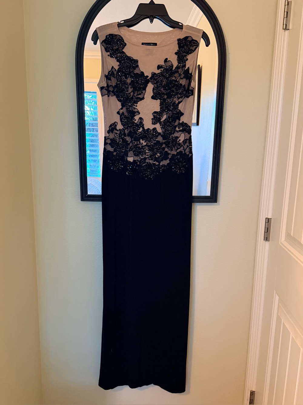 Sleeveless Black & Nude Lace Appliqué Evening Gown